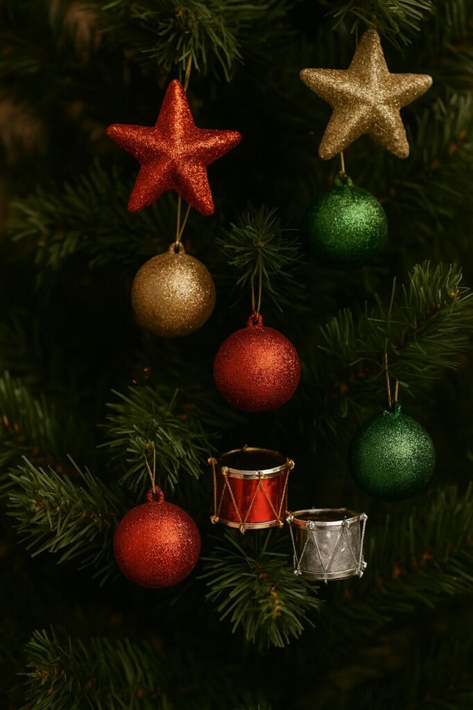 Enfeites de Natal com estrelas, tambores e bolas vermelhas e douradas