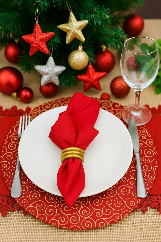 Kit de mesa posta natalina com pratos, enfeites e acessórios